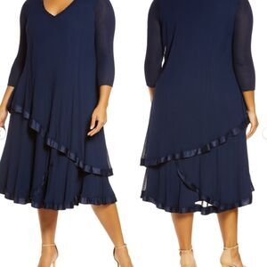 Komarov 1X Navy Beaded Crinkle Chiffon Tiered Midi Formal Dress Mother Bride USA